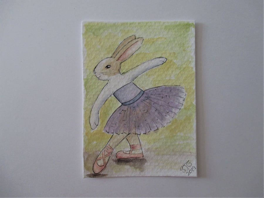 ACEO Bunny Rabbit Ballerina Ballet Dancing Bunny Rabbit Original Painting 018