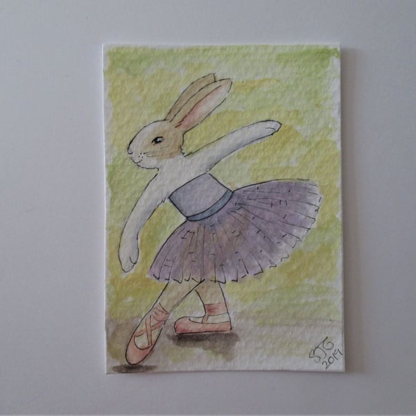 ACEO Bunny Rabbit Ballerina Ballet Dancing Bunny Rabbit Original Painting 018
