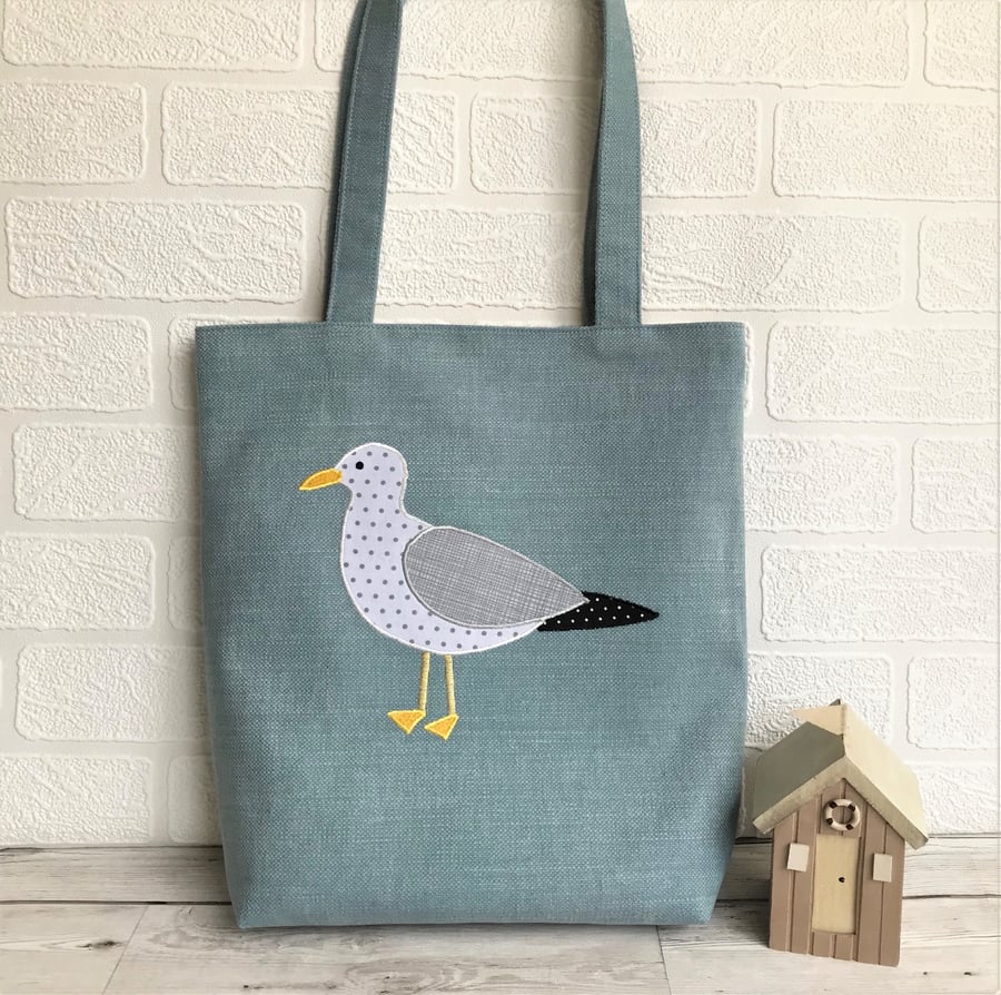 Seagull tote bag in blue with applique Seagull