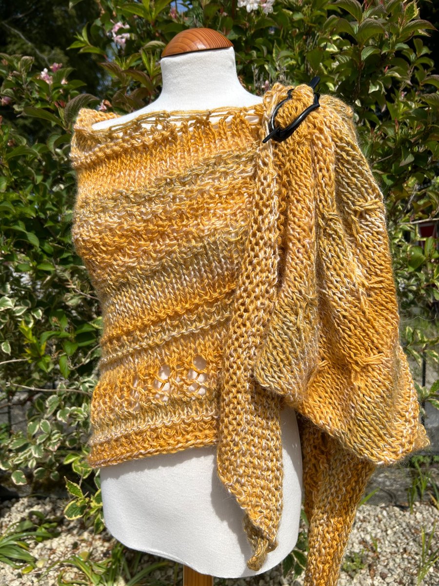 Halo Effect Merino Wool Hand Knitted Textured and Lace Golden Yellow Shawl Wrap