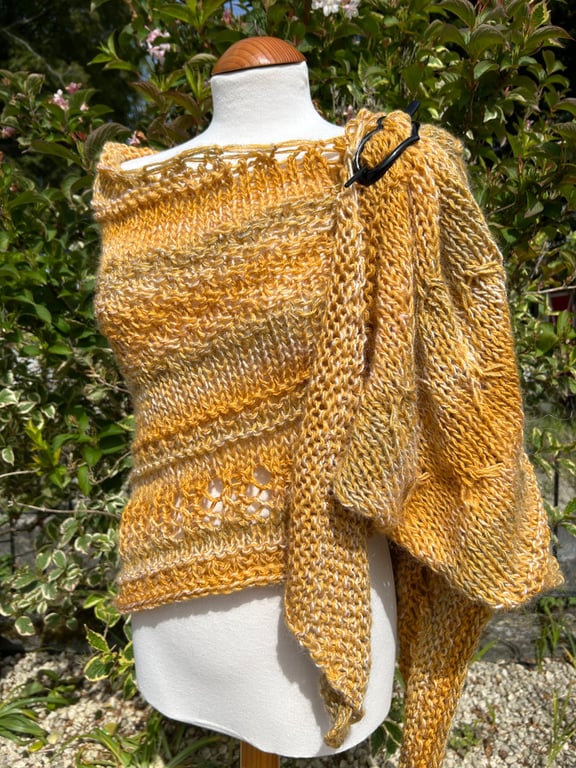 Halo Effect Merino Wool Hand Knitted Textured and Lace Golden Yellow Shawl Wrap
