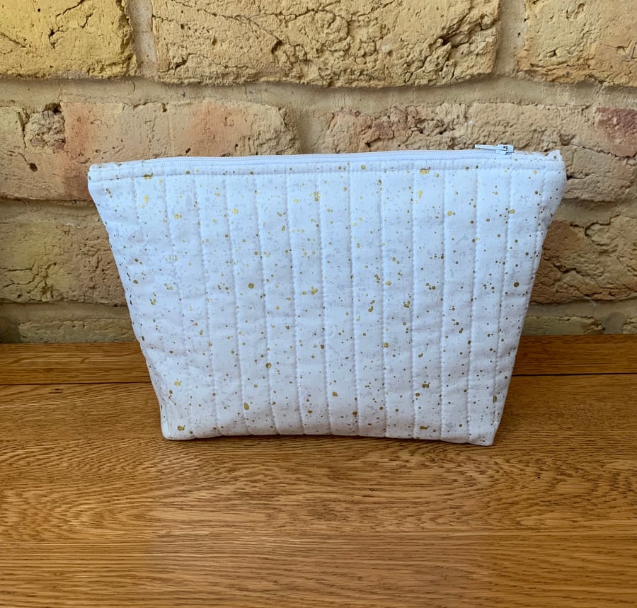 White and Gold Fabric Quilted Makeup Bag