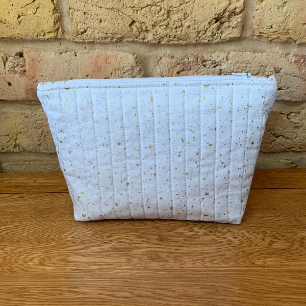 White and Gold Fabric Quilted Makeup Bag