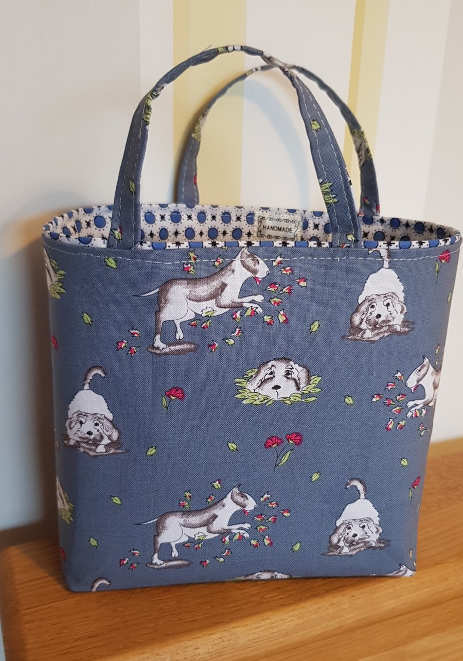 Fabric reusable gift bag: doggies on blue