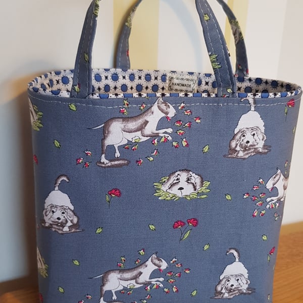 Fabric reusable gift bag: doggies on blue