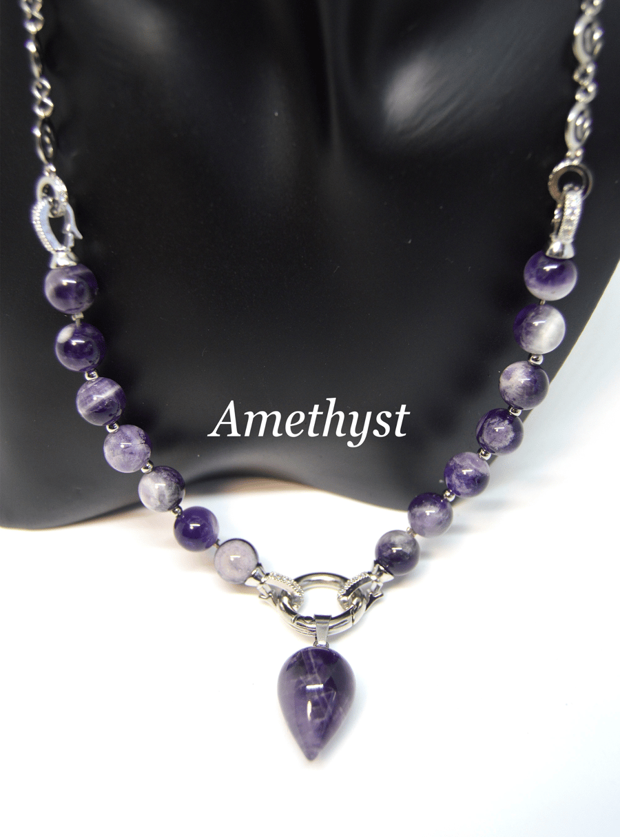 Amethyst Gemstone Transforming Drop Pendant Necklace to Bracelet to Choker