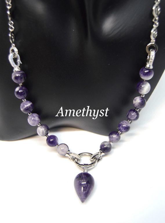Amethyst Gemstone Transforming Drop Pendant Necklace to Bracelet to Choker