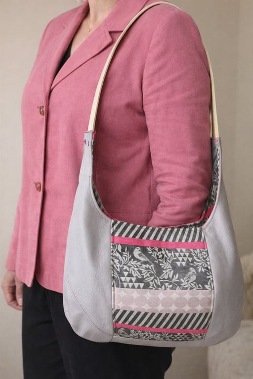 A Lavender Grey Italian Leather and Japanese Linen Mix Shoulder Bag