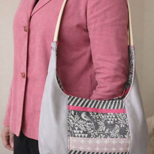 A Lavender Grey Italian Leather and Japanese Linen Mix Shoulder Bag