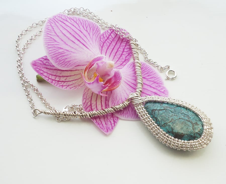 Chrysocolla Wire Wrapped Pendant, Wire Wrapped Necklace, Blue Necklace