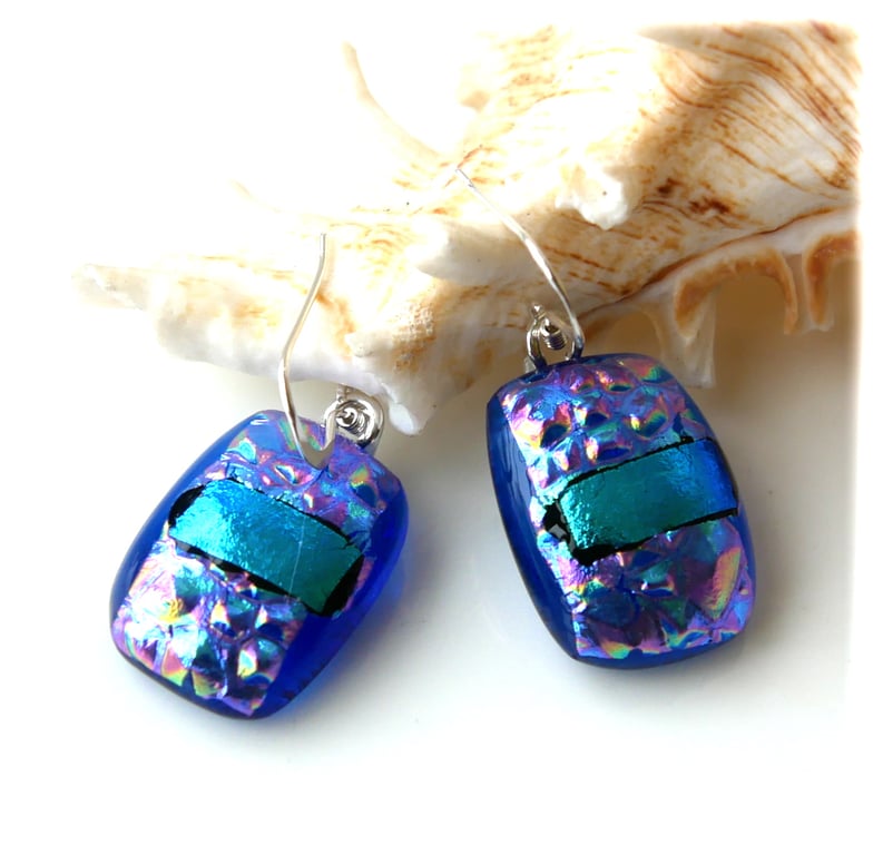 Handmade Fused Dichroic Glass Earrings 303 True Blue