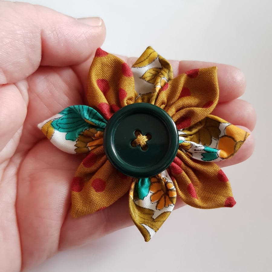 Mustard Floral Fabric Flower Hair Clip with Green Button - One Off Design