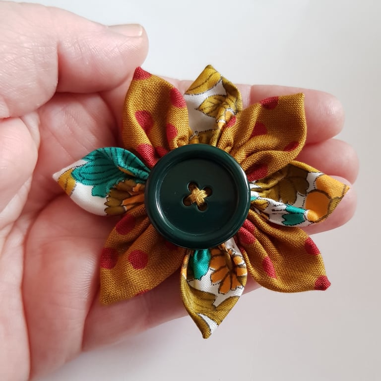 Mustard Floral Fabric Flower Hair Clip with Green Button - One Off Design