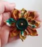 Mustard Floral Fabric Flower Hair Clip with Green Button - One Off Design