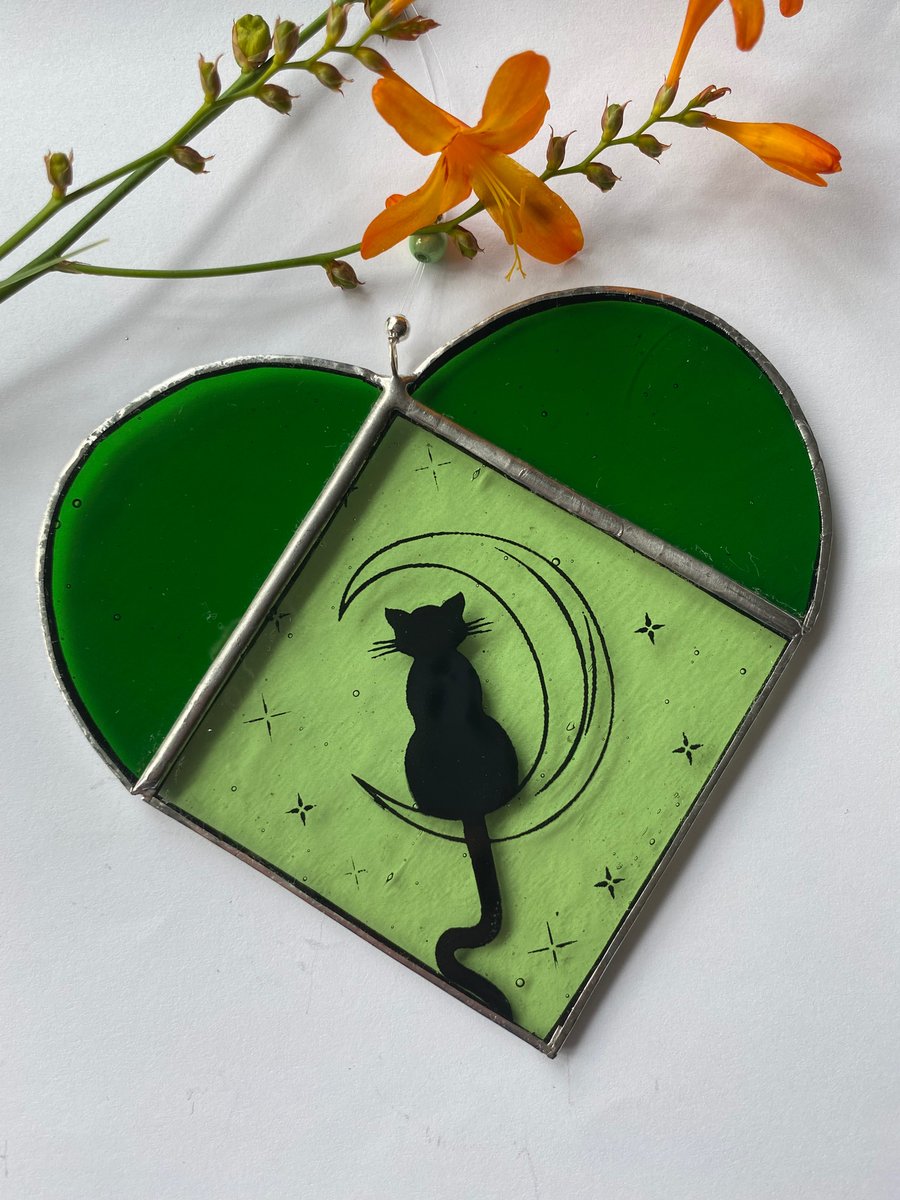 Stained Glass Cat Heart Suncatcher Decoration 