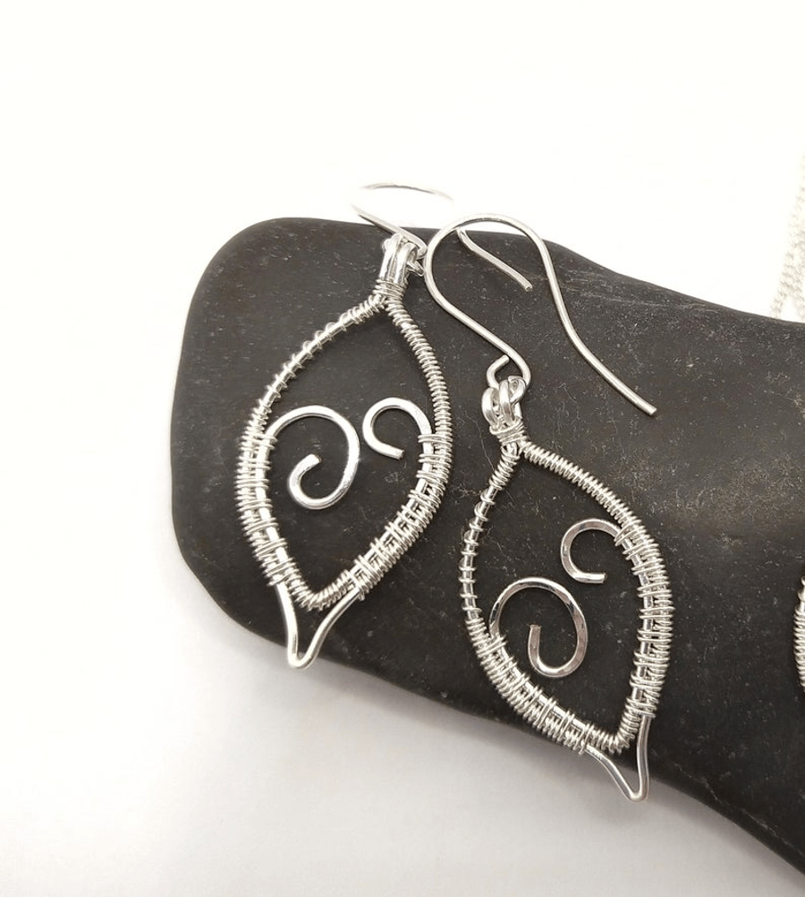 Small Wire Wrapped Leaf Shaped Drop Earrings 