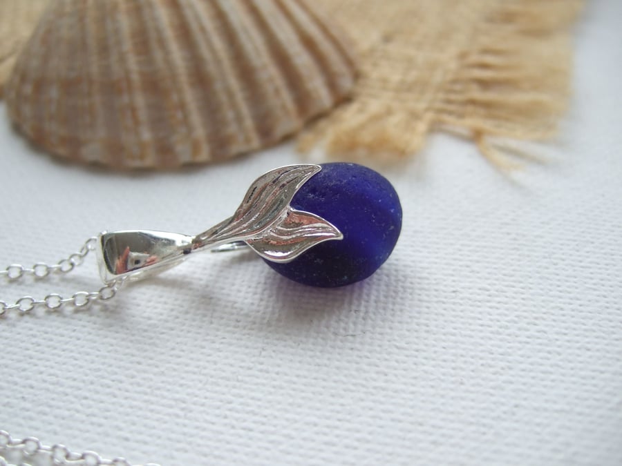 Oceanic Seaham sea glass necklace, blue beach glass Mermaid pendant Sterling