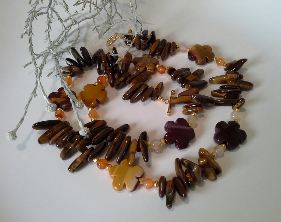 Statement Mookite, Tiger's Eye, Carnelian Gold Vermeil Necklace  ONE OFF