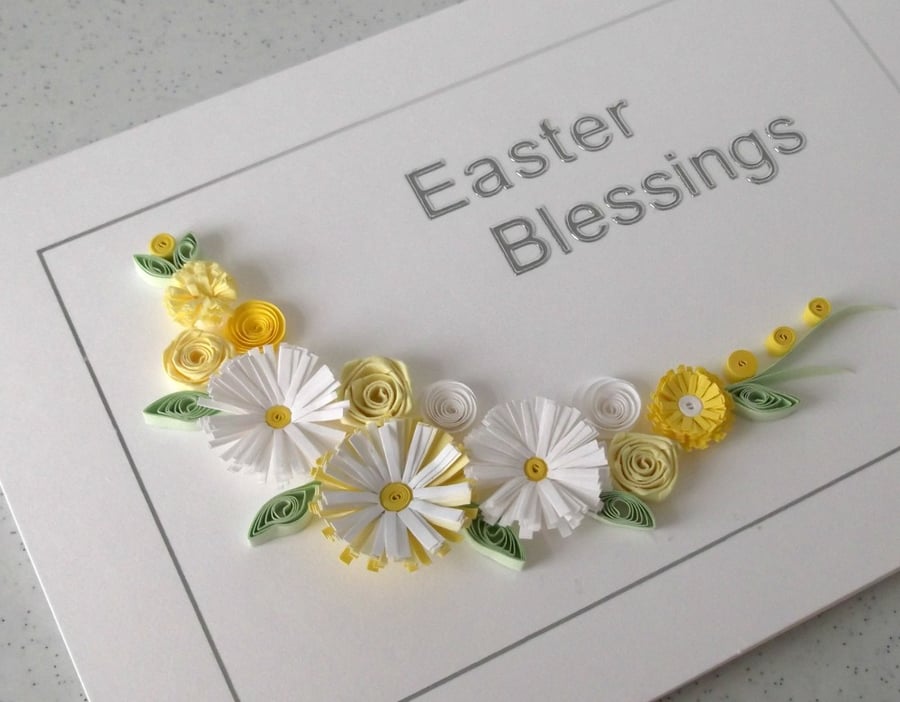 Quilled Easter greeting card, with lemon and white paper quilling flowers
