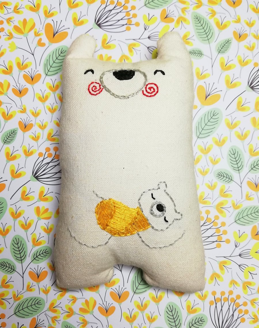 Polar Bear with Hand Embroidered Cub in Gold Yellow