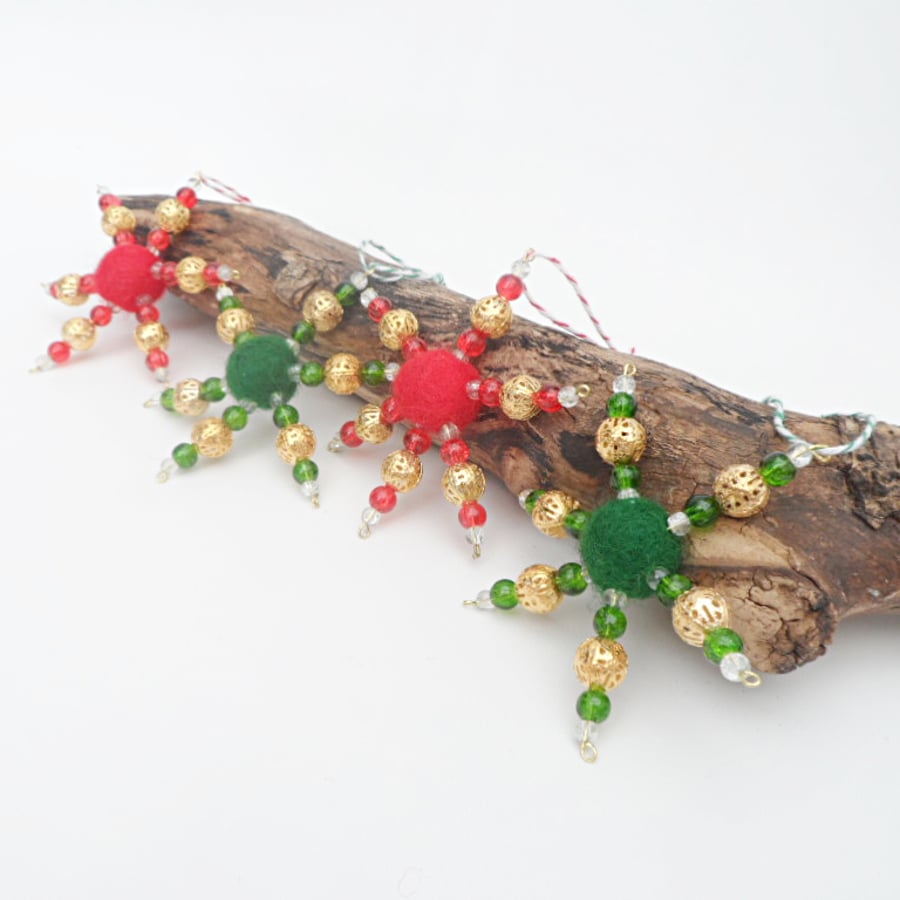 Felt ball and bead star tree decorations, set of 4 (gold)