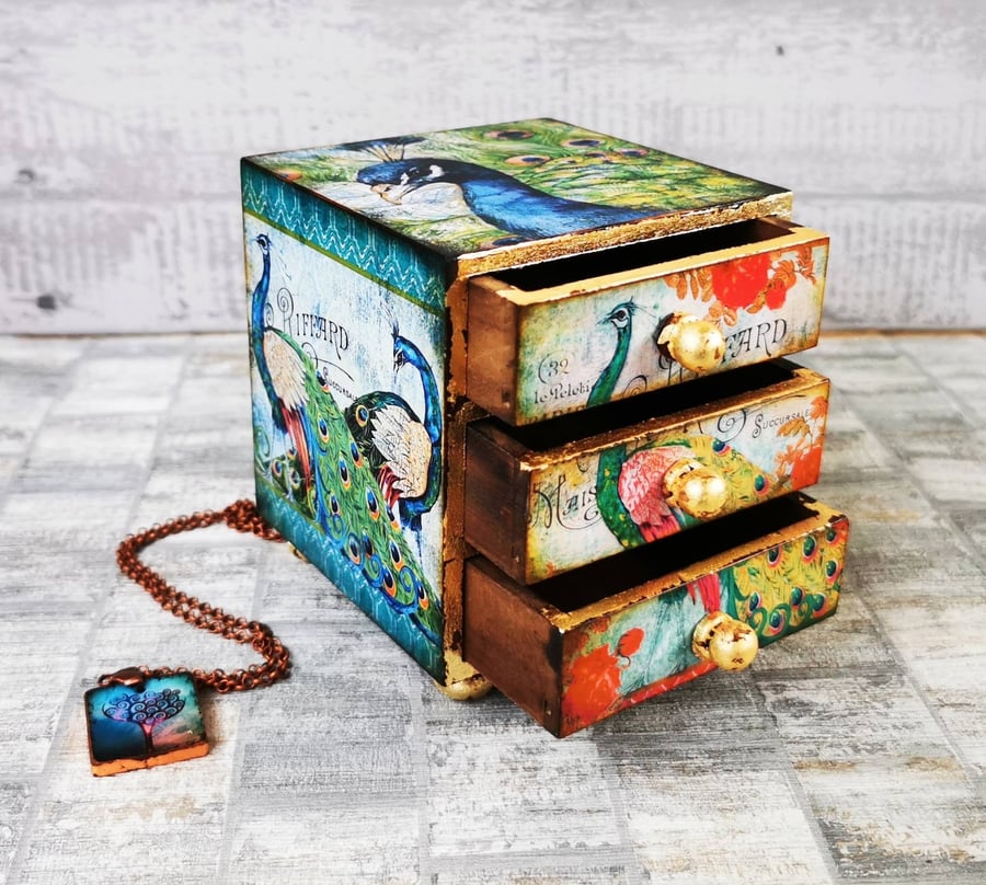 Peacocks Trinket Box, Mini Chest of Drawers, Shabby Chic Style Jewellery Box