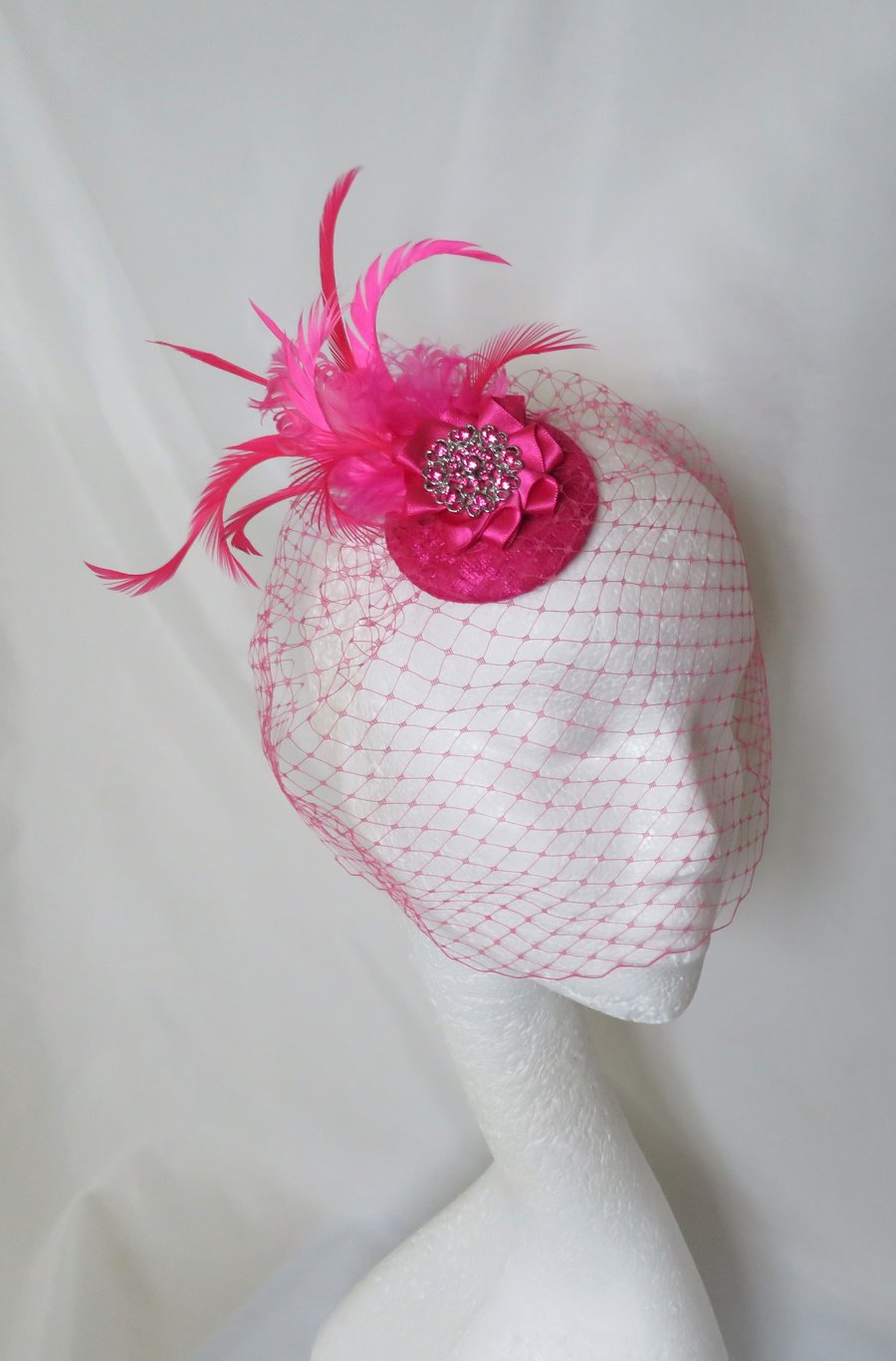 Cerise Raspberry Pink Feather Vintage Style Clip In Blusher Birdcage Veil 