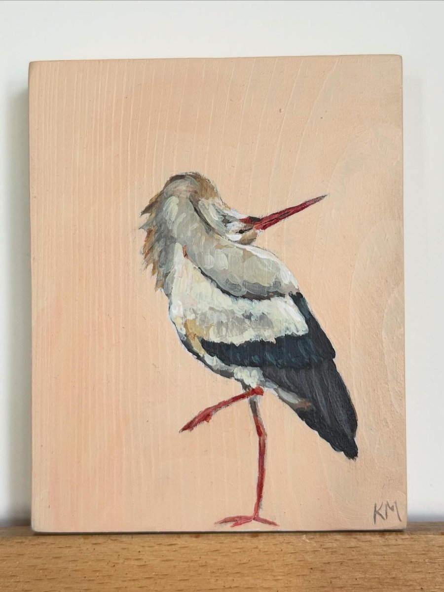 Original White Stork Painting on wood