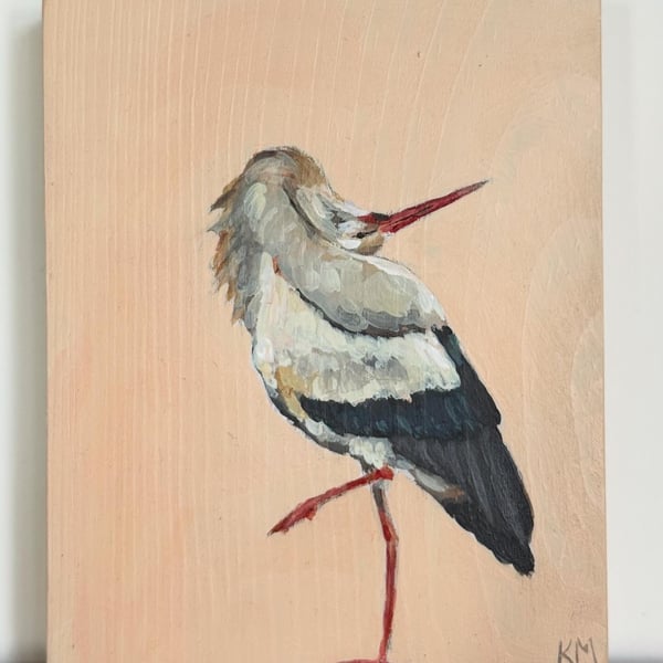 Original White Stork Painting on wood