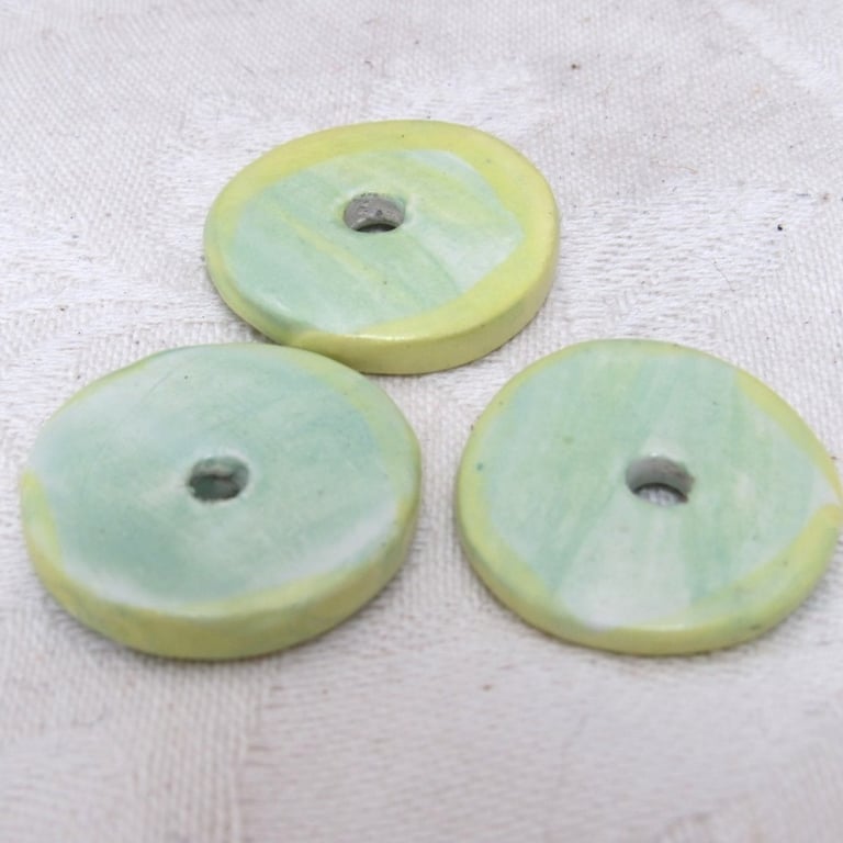 3 Extra-Large Light Green and Yellow Glazed Ceramic Disc Beads