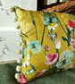 Yellow floral velvet cushion cover with blush pink cotton back and pompoms - Image 3