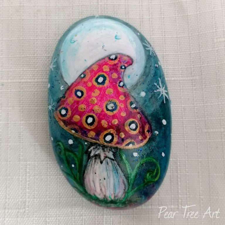 Pink Toadstool Pebble Art Hand Painted 
