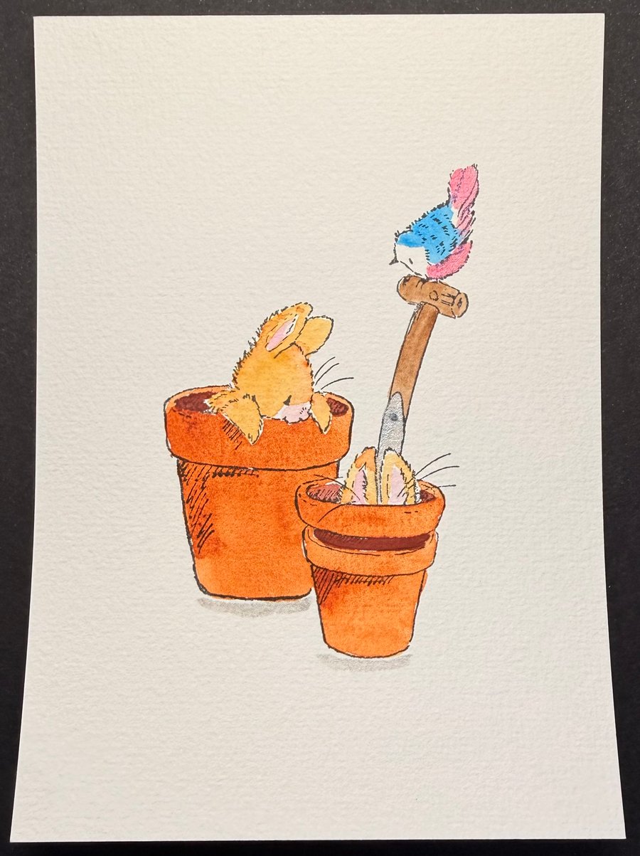 Hand watercoloured card topper from Penny Black stamp - bunny and bird