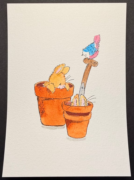 Hand watercoloured card topper from Penny Black stamp - bunny and bird