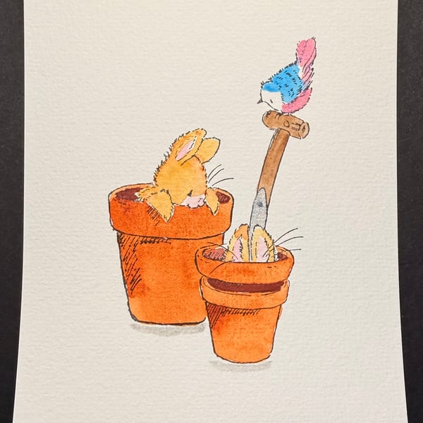 Hand watercoloured card topper from Penny Black stamp - bunny and bird