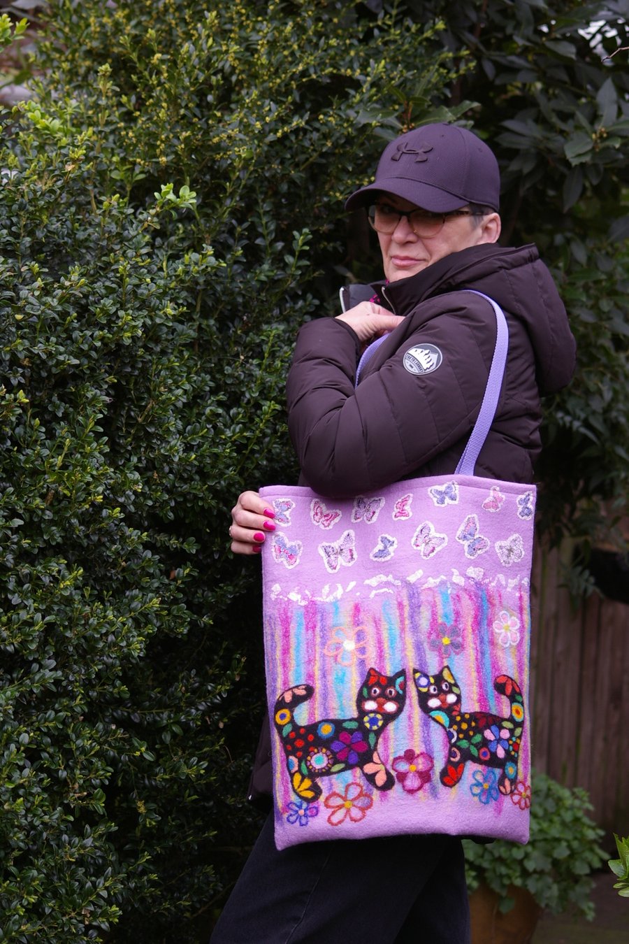 Handmade Felted Wool Bag with Cats Design