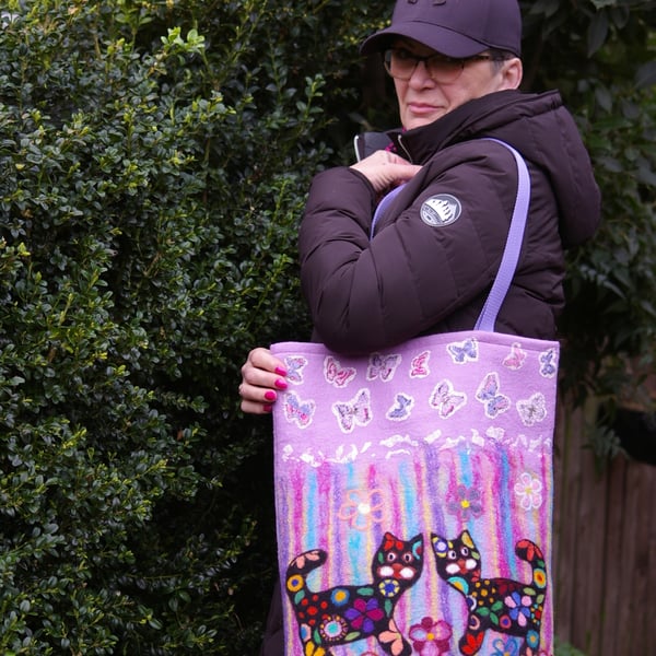Handmade Felted Wool Bag with Cats Design
