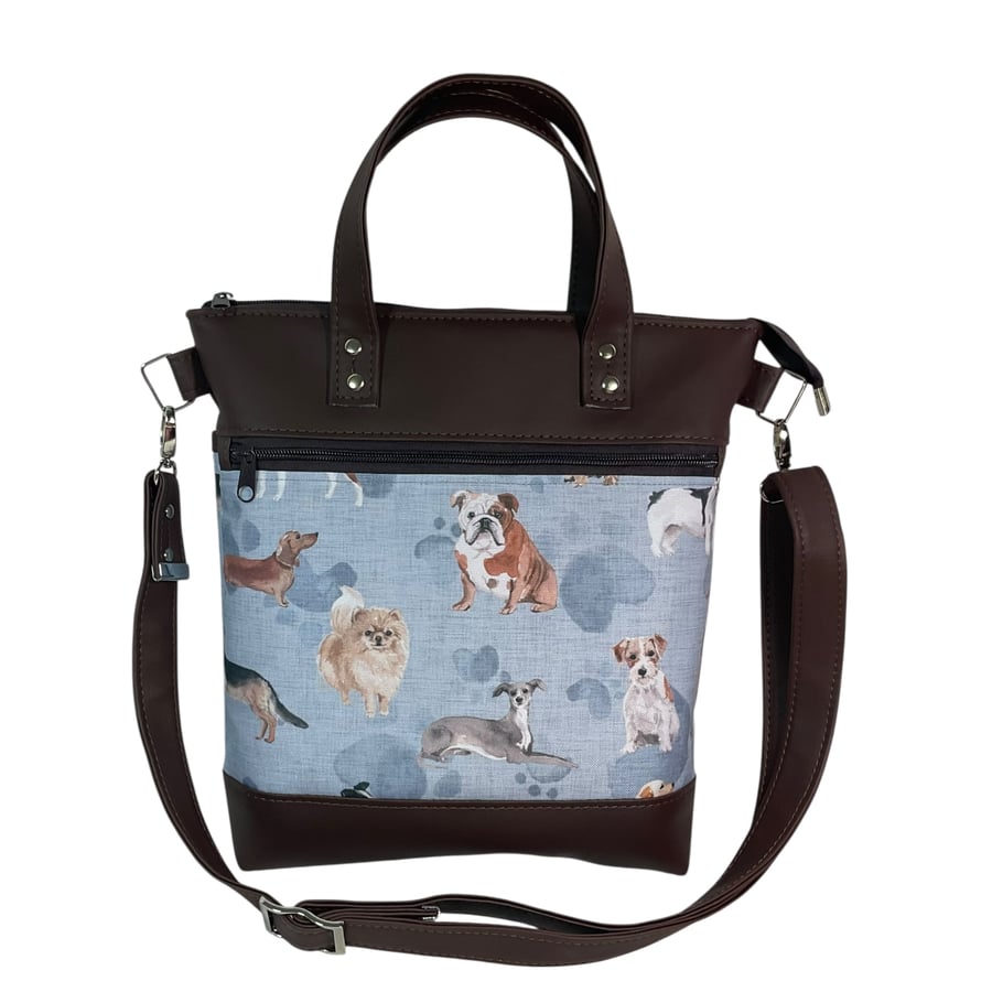 handbag in faux leather and dog breed print, carry handles tote, medium size