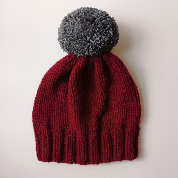 Bobble Hat in Burgundy Chunky Yarn with Grey Pom Pom