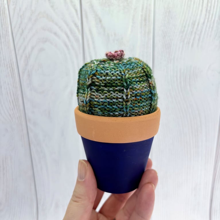 Hand knitted variagated green cactus with pink flower -  Pin cushion