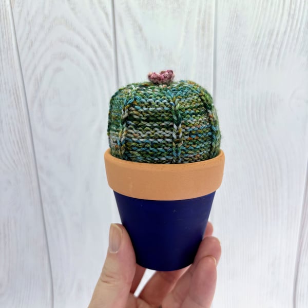Hand knitted variagated green cactus with pink flower -  Pin cushion
