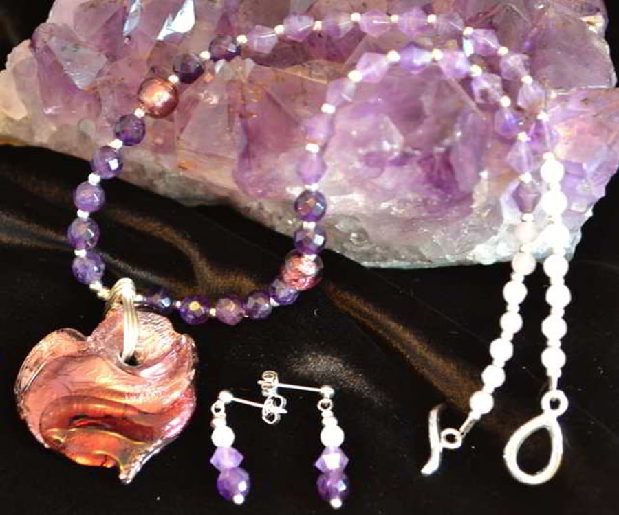 Amethyst, Rose Quartz & Murano Glass Heart Jewellery Set