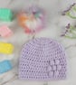 Lilac Crochet Baby Hat Newborn to 3 Months with Bobble Flower and Pastel Pom  - Image 5