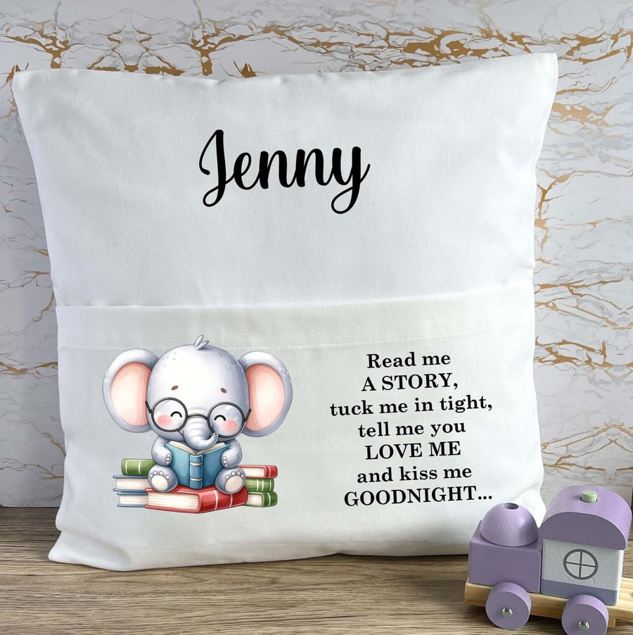 Personalised Elephant Book Pocket Cushion, Read Me A Story Reading Cushion