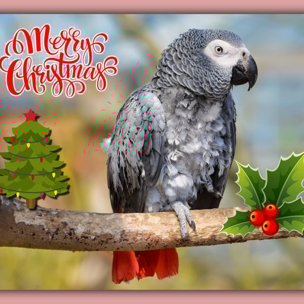 Merry Christmas greeting Card A5 African Grey Parrot 