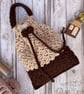 Two Tone Crochet Drawstring Pouch With Handle, Brown & Beige Small Bag - Image 2