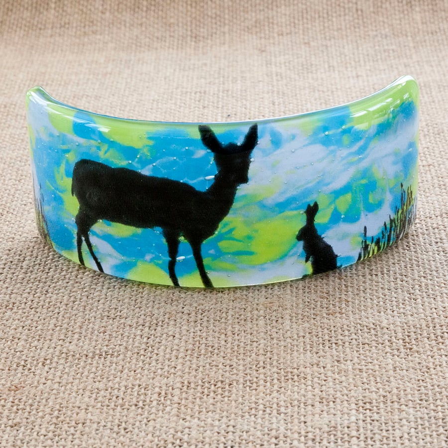 Adorable Rabbit and Deer Silhouette Freestanding Fused Glass Picture Ornament