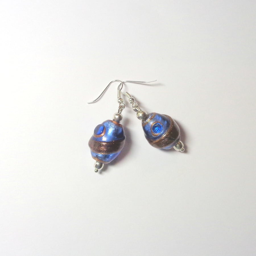 Shiny cornflower-blue and copper-brown glass bead drop earrings
