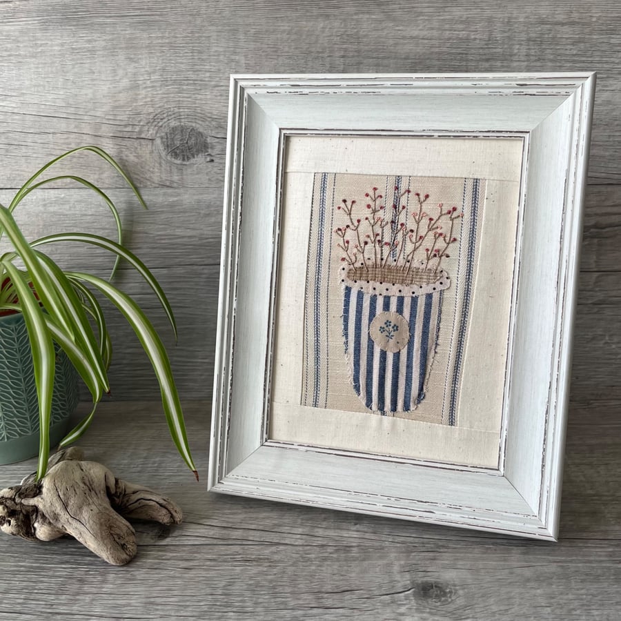 Hand Embroidered Framed Seedhead Textile Picture