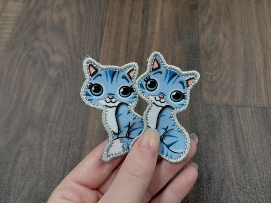 Cute Blue Tabby Cat Iron-On Patches set of 2 Iron On Decal, Embroidered Applique